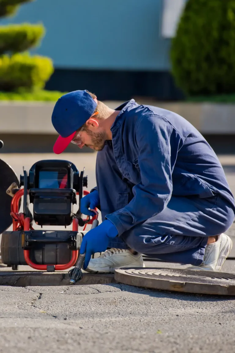 A worker in blue overalls and a cap kneels on the ground, operating a sewer inspection camera.
