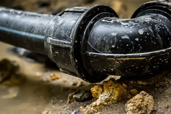 Close-up of an industrial black pipe and joint on muddy ground.