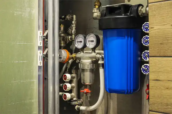 Plumbing system with pipes, gauges, and a large blue water filter housed in an open metal cabinet.