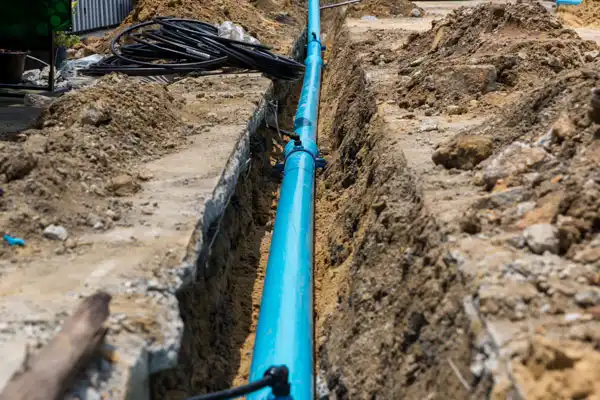 A blue water pipe, part of a meticulous water line installation, is laid in a deep trench dug into the ground, surrounded by piles of dirt and construction materials.