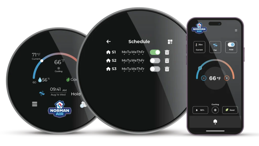 Smart thermostats and a smartphone app display cooling schedules, current temperature, and settings for Norman Air.