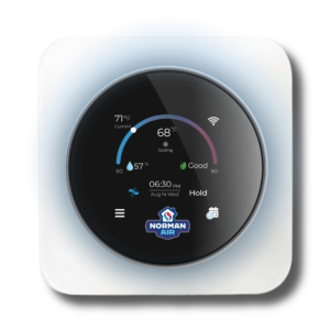 A smart thermostat display showing current temperature at 71°F, cooling to 68°F, with humidity indicator, time set at 6:30 PM, date as August 14, and a round "Norman Air" logo below.