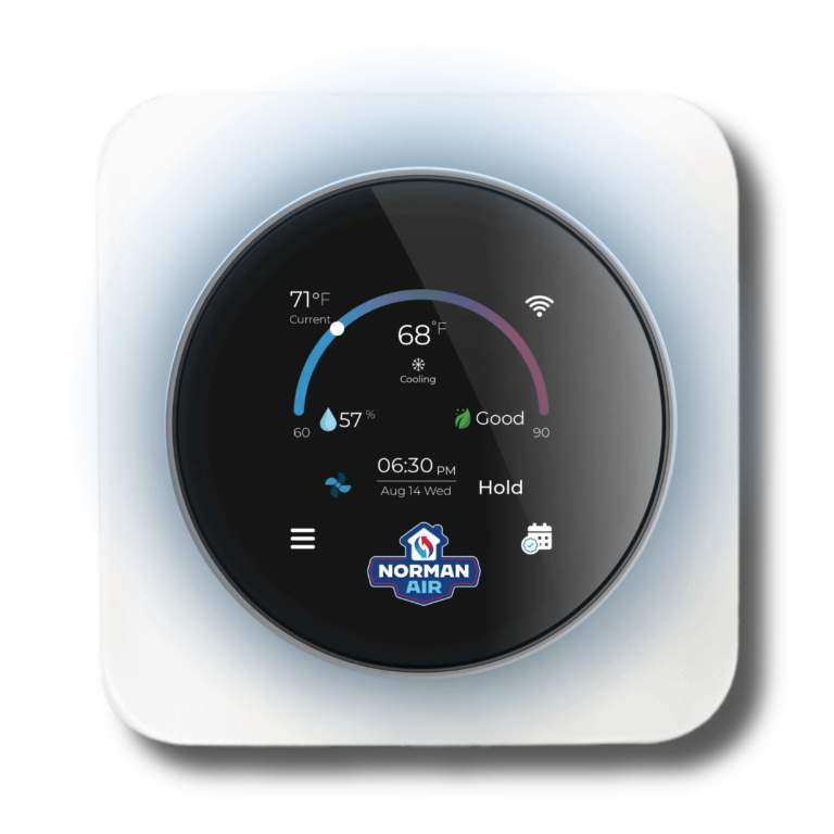 A smart thermostat display showing current temperature at 71°F, cooling to 68°F, with humidity indicator, time set at 6:30 PM, date as August 14, and a round "Norman Air" logo below.