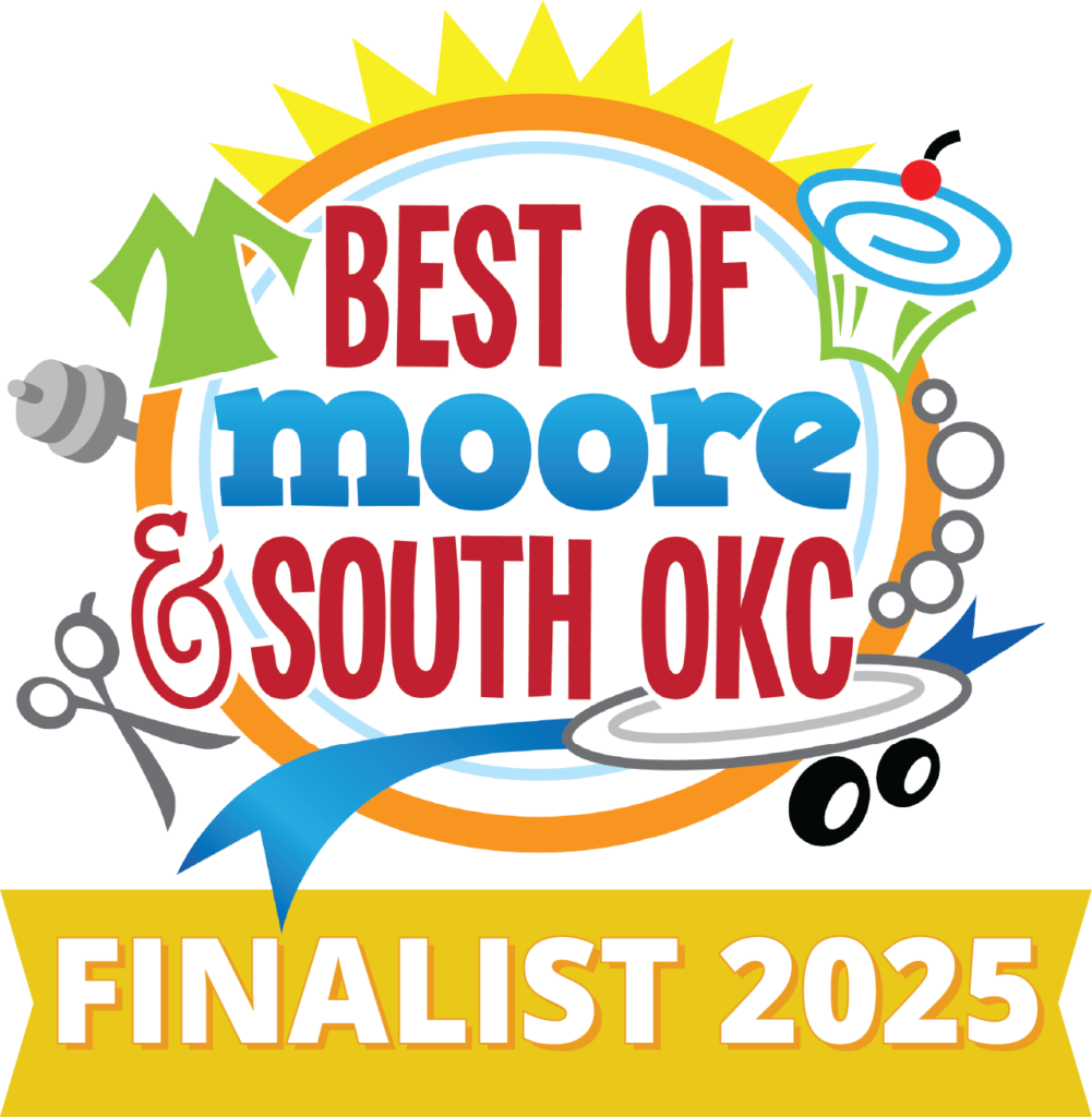Logo for "Best of Moore & South OKC Finalist 2025" featuring icons of a shirt, cupcake, weights, scissors, necklace, and Frisbee with a sunburst background.