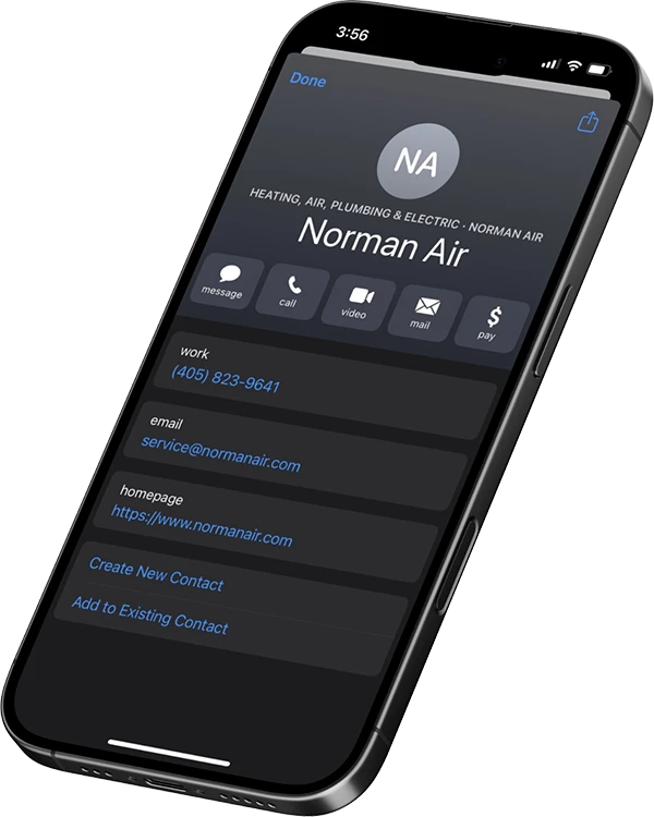 A Smartphone Displays The Contact Information For Norman Air, Including Phone Number, Email, Website Link, And Options To Call, Message, Or Mail.